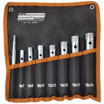 Brüder Mannesmann M26708 8-osaline toruvõtmete komplekt, kroomvanaadiumterasest, suurused 6x7 kuni 20x22 mm, DIN 896 vorm B, plastikust hoidikus