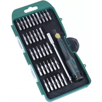 BRÜDER MANNESMANN täppismehaanika otsakute komplekt, 36-osaline, 4 mm kuuskantajam, pilu-, Phillips-, Torx-, kuuskant-, Pentalobe-, Tri-Wing-, mutrivõtme-, ruut- ja Pozidriv-otsakud, 2-komponendilise käepidemega 29890