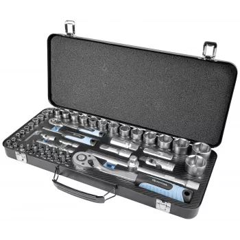 Brüder Mannesmann Q25010 65-osaline padrunvõtmete komplekt, 1/4 inch ja 1/2 inch ajam, kroomvanaadiumterasest, 6-kandilised padrunid, pööratavad peenotsaga fiksaatorid, plastkohvris