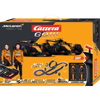 Carrera GO!!! McLaren Racing elektriline pilukate komplekt 1:43 mõõtkavas silmuse, ülelennu, kitsa lõiguga, 2 juhtpulti, 6,2 m rajaga