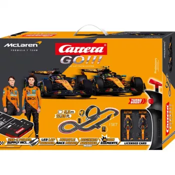 Carrera GO!!! McLaren Racing elektriline pilukate komplekt 1:43 mõõtkavas silmuse, ülelennu, kitsa lõiguga, 2 juhtpulti, 6,2 m rajaga