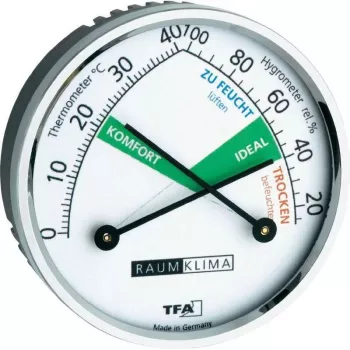 TFA Dostmann 452024 termo-hügromeeter, analoog, valge/hõbedane, seinale kinnitatav või lauastend, -15 kuni +55°C, 0-100% RH