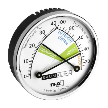 TFA Dostmann 452024 termo-hügromeeter, analoog, valge/hõbedane, seinale kinnitatav või lauastend, -15 kuni +55°C, 0-100% RH