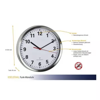 TFA Dostmann 60.3529.02 Raadiojuhtimisega seinakell 220 mm Alumiinium Vaikne Sekundiosuti
