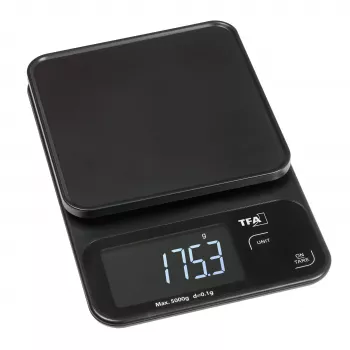 TFA Dostmann COOKIE digitaalne köögikaal, 5 kg mahutavus, 1 g täpsus, mõõtekausiga, must 50.2009.01