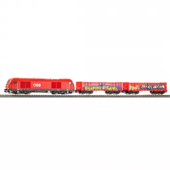 PIKO 57033 H0 lastele mõeldud algkomplekt ÖBB kaubarong Rh 2016 kahe Eaos lahtise vaguniga