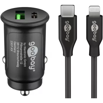 Goobay kahe USB-pordiga auto kiirlaadija komplekt Lightning 27 W - USB-C ja USB-A auto laadija USB-C - Lightning kaabliga 72166