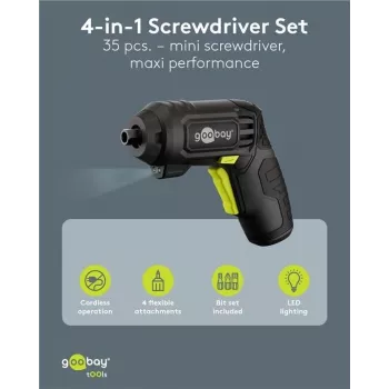 Goobay 4-in-1 mini juhtmeta kruvikeeraja komplekt, 35-osaline, püstolkäepide, 3,6 V Li-ion, USB-C laadimine, 5 Nm, 200 pööret/min, 4 tarvikuga ja 28 otsakuga 77817