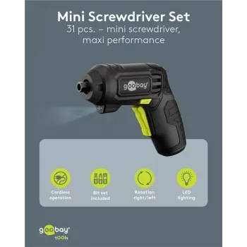 Goobay Mini juhtmeta kruvikeeraja komplekt 31-osaline püstolkäepide 28 otsakuga ja Micro-USB laadimisega (77818)