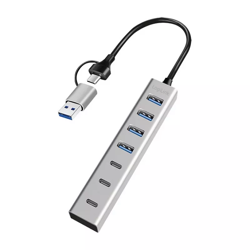 LogiLink USB 3.0 jaotur, 7 porti, 4x USB-A 3x USB-C, alumiiniumkorpus