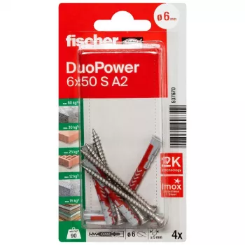 Fischer DuoPower 6 x 50 S A2 K NV universaaltüübel roostevaba A2 kruviga, 1 komplekt (537670)