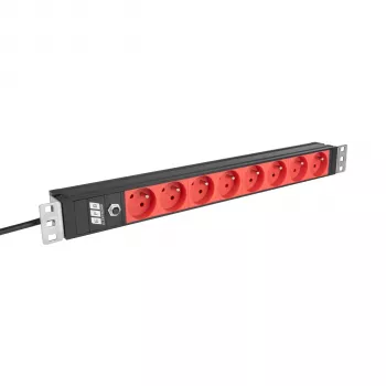 EFB ELEKTRONIK EK631CF.1V2 19-tolline 1U rack-kinnituse PDU, 8 x CEE 7/5 (tüüp E) punast pistikupesa, IEC C14 sisend, 10A ülekoormuskaitse, must