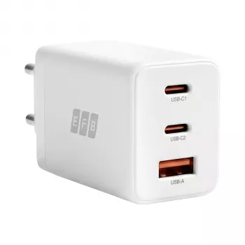 EFB Elektronik 65W GaN seinatavalaadija 2x USB-C + USB-A PD3.0 QC3.0 valge G651A2CE