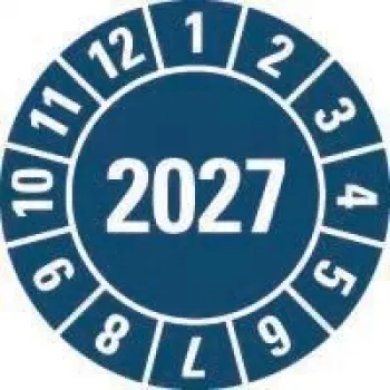 HEIN Industrieschilder ülevaatuskleebis 2027, sinine, isekleepuv kile, ümmargune 20 mm, 500 tk rullis 189463
