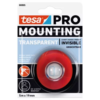 tesa Mounting PRO Transparent 66965-00001-00 kahepoolsne akrüülvahust kinnituslint, 5 m x 19 mm, kannab kuni 10 kg/m, UV- ja niiskuskindel, sise- ja välistingimustesse