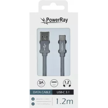 PowerRay Andmekaabel PR-DCUC120TGY USB-A - USB-C 1,2 m Tekstiilhall Punutud Kiirlaadimine ja 5 Gbps Andmesünkroniseerimine