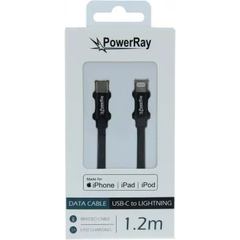 PowerRay USB-C - Lightning MFi punutud andme- ja laadimiskaabel 1,2 m must PR-DCCL120TBK