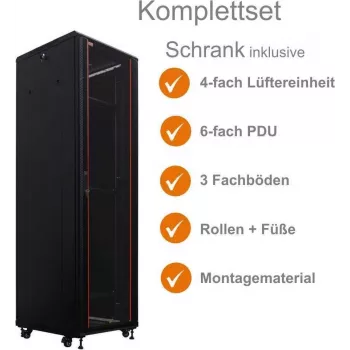 IT-BUDGET 19 inch Server Rack SRK komplekt 42U 600x600mm klaas-/terasuks, 4 aktiivset ventilaatorit, PDU, riiulid, lahtivõetav, must 90ITB19SRK4266GS
