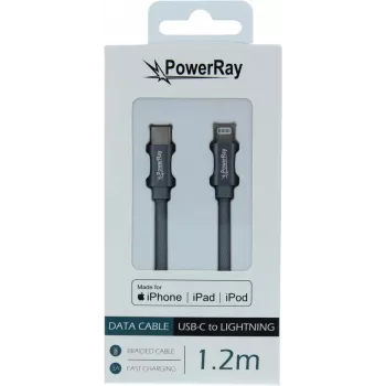 PowerRay USB-C to Lightning MFi sertifitseeritud punutud kaabel 1,2m hall PR-DCCL120TGY