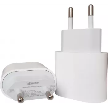 PowerRay PRMHJE3 20W USB-C PD seinatavaline laadija, EU 2-pin, valge, blisterpakend