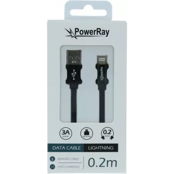 PowerRay USB-A - Lightning andme-/laadimiskaabel 0,2 m tekstiil must PR-DCUL020TBK