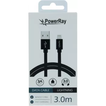 PowerRay USB to Lightning andmekaabel 3m Tekstiil Must PR-DCUL300TBK