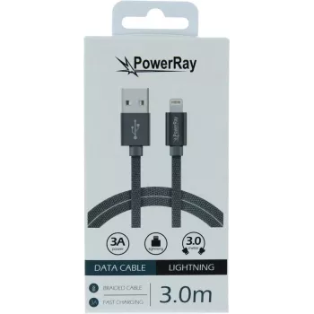 PowerRay USB-Lightning andme- ja laadimiskaabel 3m tekstiilhall PR-DCUL300TGY