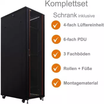 IT-BUDGET 19 inch Server Rack SRK komplekt - 42U - 600x1000 mm - Perforeeritud topeltuksed ees ja taga - 4 aktiivset ventilaatorit - PDU - Riiulid - Lahtivõetav - Must (90ITB19SRK42610DTS)