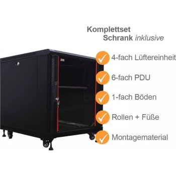 IT-BUDGET 19-tolline serveririiul SRK komplekt 12U 600x1000 mm klaas/täisuks 4 aktiivset ventilaatorit PDU riiulid eelmonteeritud must 99ITB19SRK12610GSM
