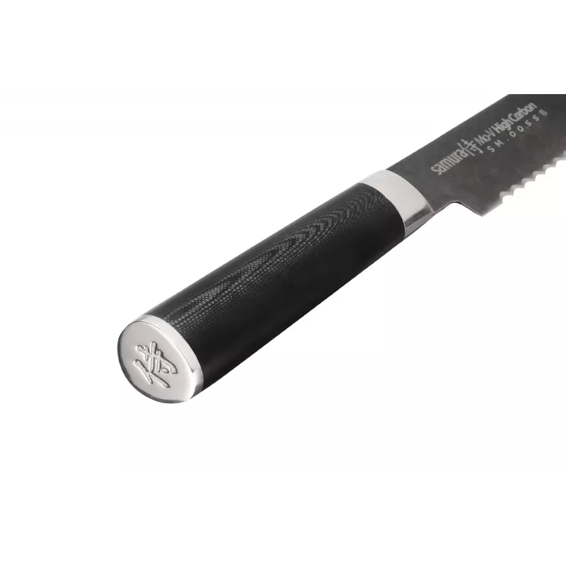 SAMURA Harakiri leivanuga 230 mm Stonewash AUS-8 terasest lainelise servaga must ABS käepide
