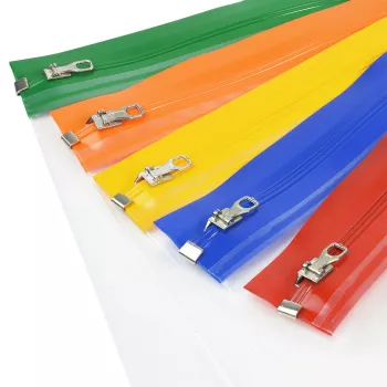 Rapesco Zippi Bags A5+ tõmblukuga kotid, 250 x 195 mm, läbipaistvad sinise, oranži, rohelise, punase ja kollase äärisega, 5 tk pakk 1502
