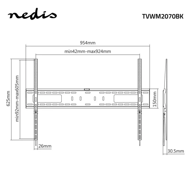 Nedis fikseeritud TV seinale kinnitus 60–100-tollistele ekraanidele, max 75 kg, VESA 200x200 kuni 800x400, must