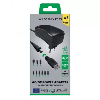 Vivanco universaalne AC/DC toiteadapter 27W, 7 alalisvoolupistikuga ja USB-pordiga VVITADAPT27WUN