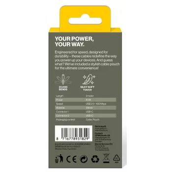 AQIILA Cablebird CS12 USB-C - USB-C laadimis- ja sünkroonimiskaabel 2m 60W must AQCBPBIC2SI829