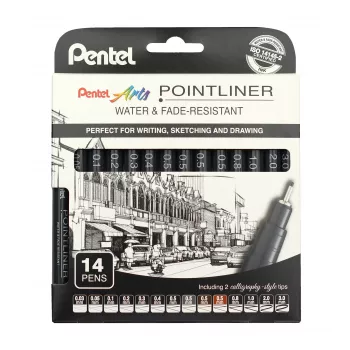 Pentel Arts Pointliner püsivate peenjoonistuspliiatsite komplekt, 14 erinevat joone paksust 0,03 mm–3,0 mm, must tint (YS20P-14)