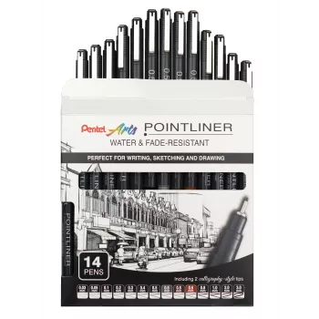 Pentel Arts Pointliner püsivate peenjoonistuspliiatsite komplekt, 14 erinevat joone paksust 0,03 mm–3,0 mm, must tint (YS20P-14)