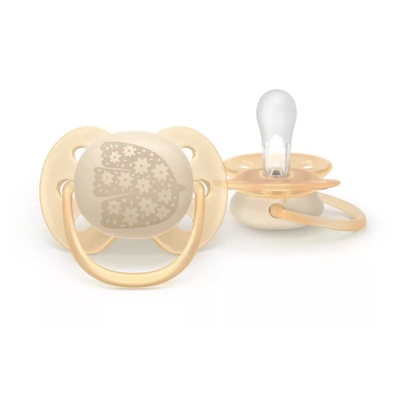 Philips Avent Ultra Soft DECO lutt 0-6 kuud, 2-pakk, silikoon, BPA-vaba, steriliseerimiskarbiga