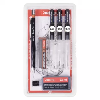 ARISTO mg1 pro College rapidograafide komplekt, 3 tušipliiatsit 0,35 / 0,50 / 0,70 mm, 6 osa (AR64311)