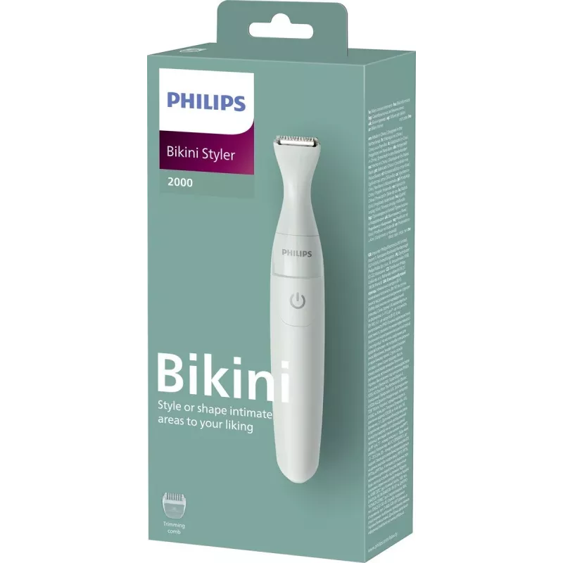 PHILIPS Essential Bikini Trimmer BRT398/15, ohutu pügamine tundlikele piirkondadele, märg ja kuiv, 3 pikkuseastet, patareitoitel, valge roosade aktsentidega