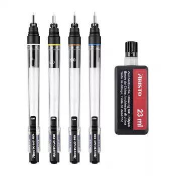 ARISTO mg1 pro Basic rapidograafide komplekt, 4 tušipliiatsit 0,25 / 0,35 / 0,50 / 0,70 mm, 5 osa (AR64400)