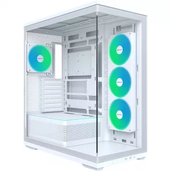 MONTECH TG3 White ATX Mid Tower korpus, karastatud klaasist esi- ja külgpaneelid, 3x 120mm RGB ventilaatorit