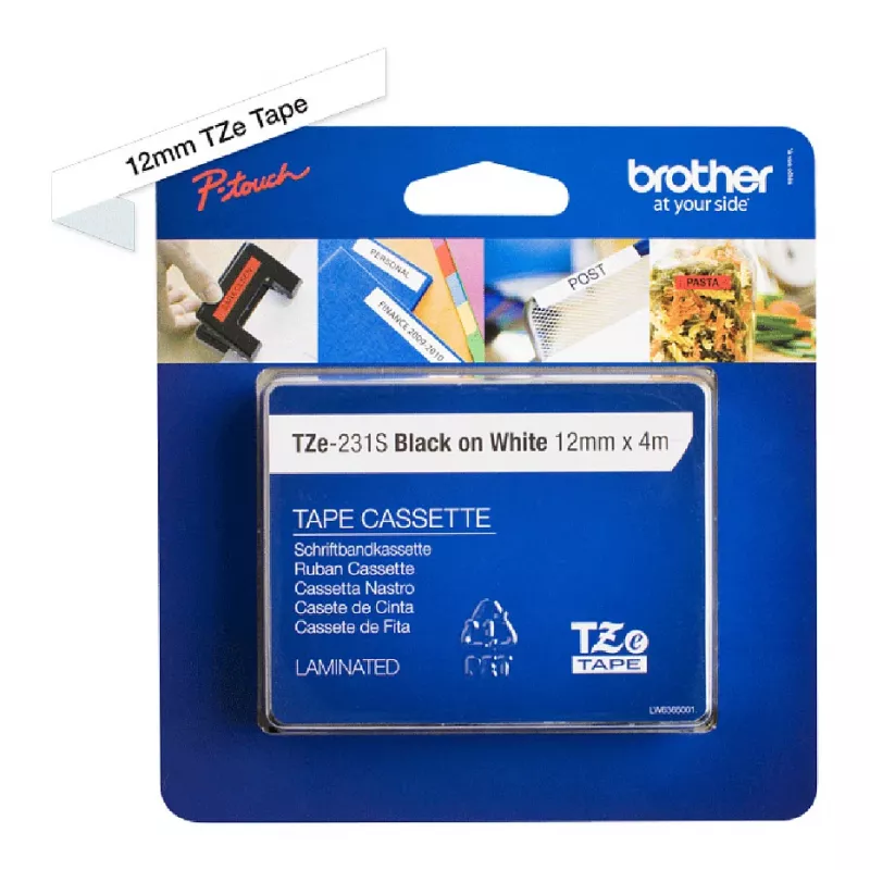 Brother TZe-231S 12mm must-valge laminaatkleeps (4m)