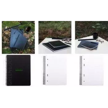RHODIA GREENBOOK College Block, DIN A5+, jooneline, mustast taaskasutatud kartongist kaanega, 80 lehte, 4 auguga, mikrotäpistatud 119915C