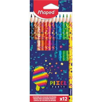 Maped PIXEL PARTY kolmnurksed värvilised pliiatsid, 12 erinevat värvi, pehme murdumiskindel südamik, pikslitega kere, pappkarp 862204