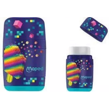 Maped Pixel Party kustukumm ja teritaja komplekt, kahe auguga, läbipaistev laastukonteiner, erinevad värvid 049223