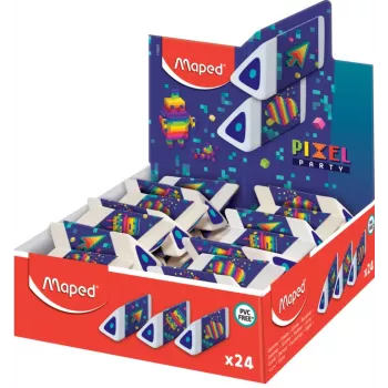 Maped Pyramide PIXEL PARTY plastikust kustutuskumm, valge, ftalaatide- ja PVC-vaba, kolmnurkne ristlõige, 24-osaline esitluskarp 119523