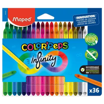 Maped COLOR'PEPS INFINITY kolmnurksed värvilised pliiatsid, 36 erinevat värvi, puuduv 100% pigmendisüdamik, kestab 10x kauem, ergonoomiline karp 861623
