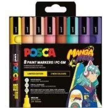 POSCA PC-5M pigmentmarkeri komplekt, 8 värvi, Manga Hero, keskmine ümar ots, veekindel, valguskindel, lõhnatu PC5M/8APF ASS74