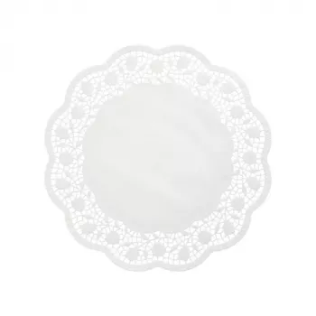 PAPSTAR ümmargune koogialus, 360 mm läbimõõt, valge reljeefse pitsmustriga paber, 40 g/m², 1 tk (12265)