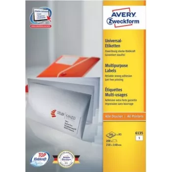 Avery 6135 valge paberi püsiva liimiga A4 sildid 210 x 148 mm 200 silti